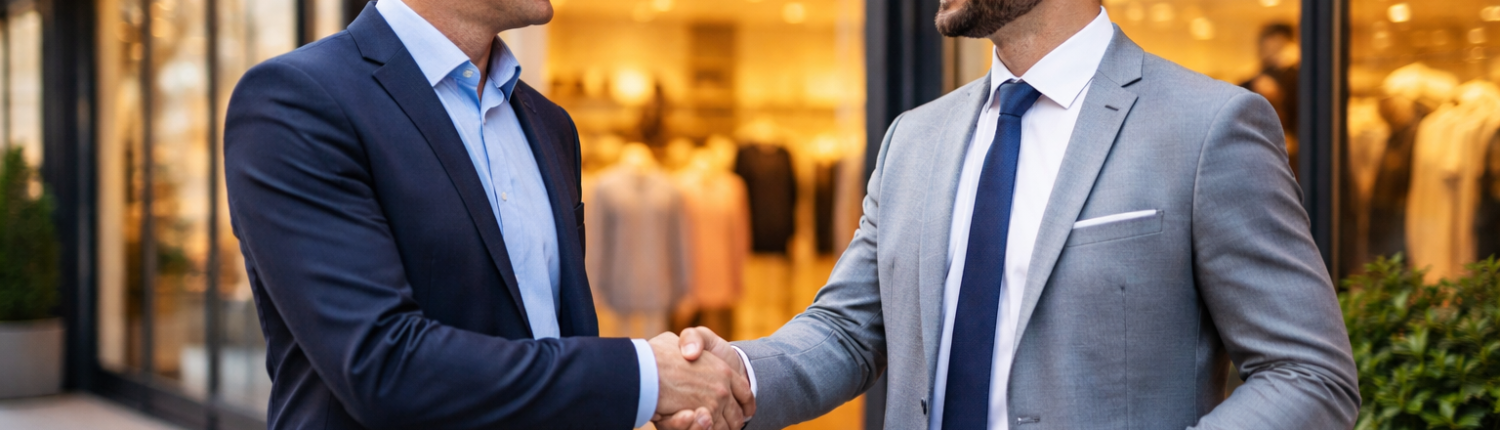 Geschäftspartner Handschlag Erfolgreiche Kooperation Professionals im Anzug Geschäftsabschluss retail Business Treffen vor Laden Vertrauensvolle Partnerschaft Modernes Einzelhandelsgeschäft Zusammenarbeit Handelsketten Freundlicher Geschäftsabschluss Retail Business Deal