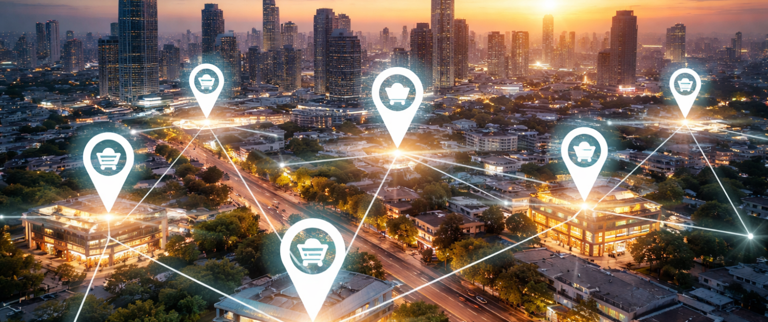 Stadt Skyline bei Sonnenuntergang Luftaufnahme urbanes Handelsnetz Einzelhandelsgeschäfte vernetzt Geschäftsstandorte Markierungen Expansion Handelsketten Digitale Standortpunkte Vernetztes Einzelhandelsnetz Moderne Stadt mit Ladenfronten Wachstum Filialnetz Zukunftsorientiertes Business